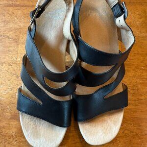 Dansko Black Leather Block Heel Open Toe Sandal